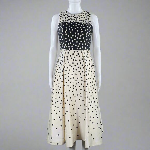 L.K.BENNETT Size 2 Beige Black Wool Silk Polka Dot A-Line Dress - Picture 1 of 7